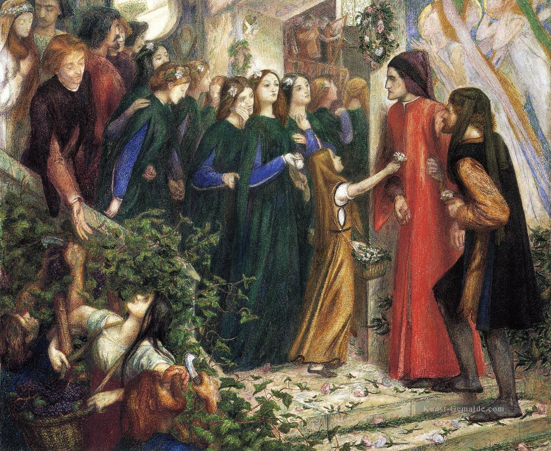 Beatrice  Dante zu einem Hochzeitsmahl Verweigert ihm ihre Anrede Präraffaeliten Bruderschaft Dante Gabriel Rossetti Ölgemälde